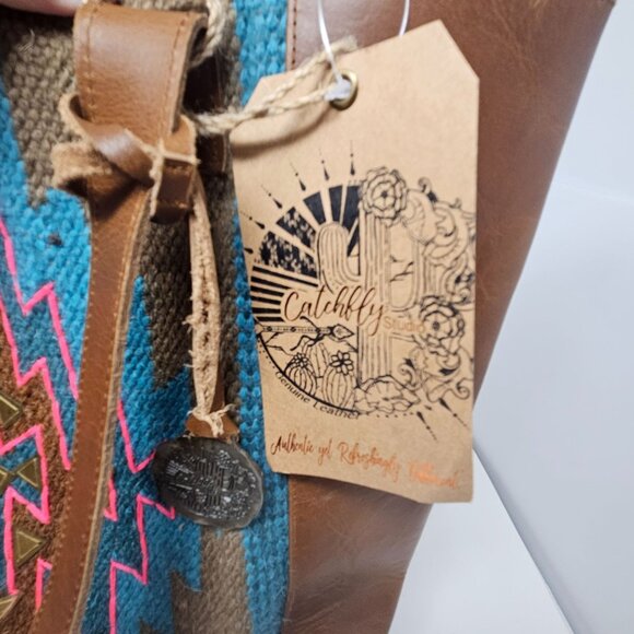 Catchfly Studios Serape Leather Tote Purse Shoulder Bag Southwestern Aztec NWT - Picture 7 of 16